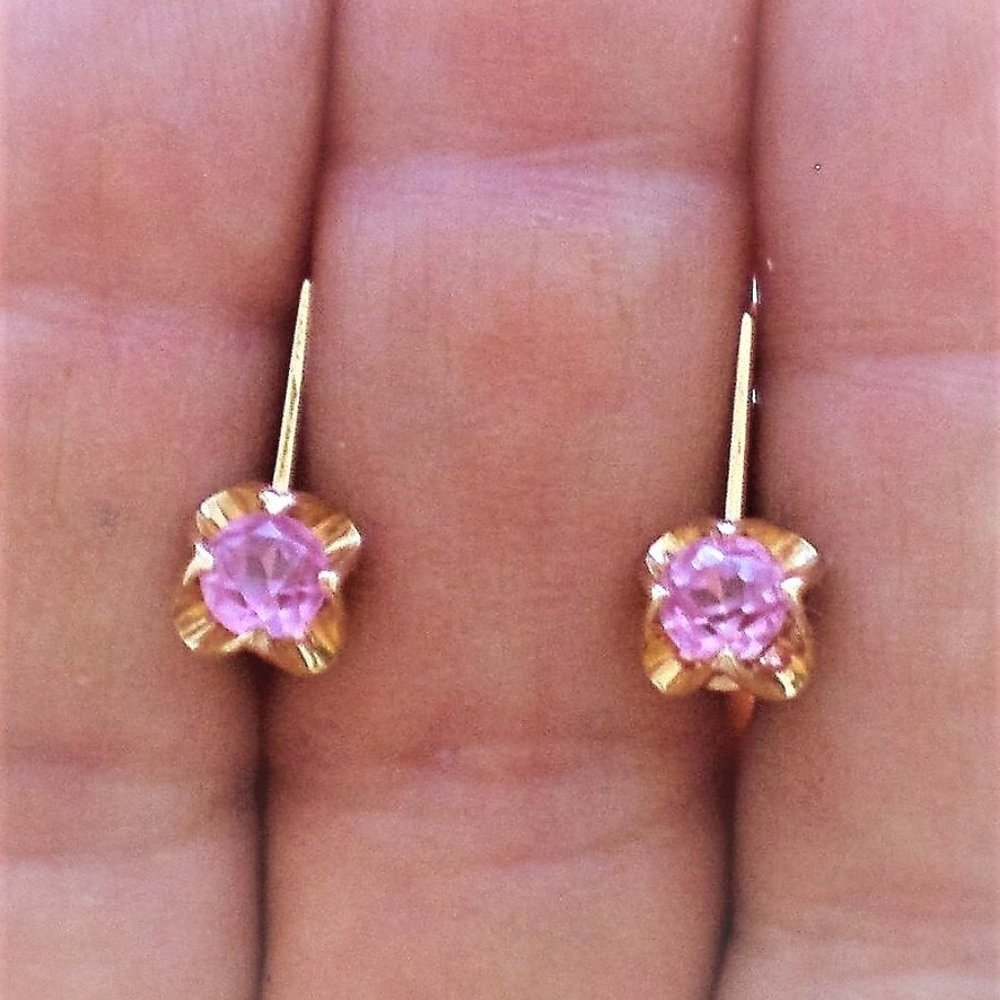 Vintage Russian Russia USSR 14K 583 Rose Pink Gold Pink Tourmaline EARRINGS